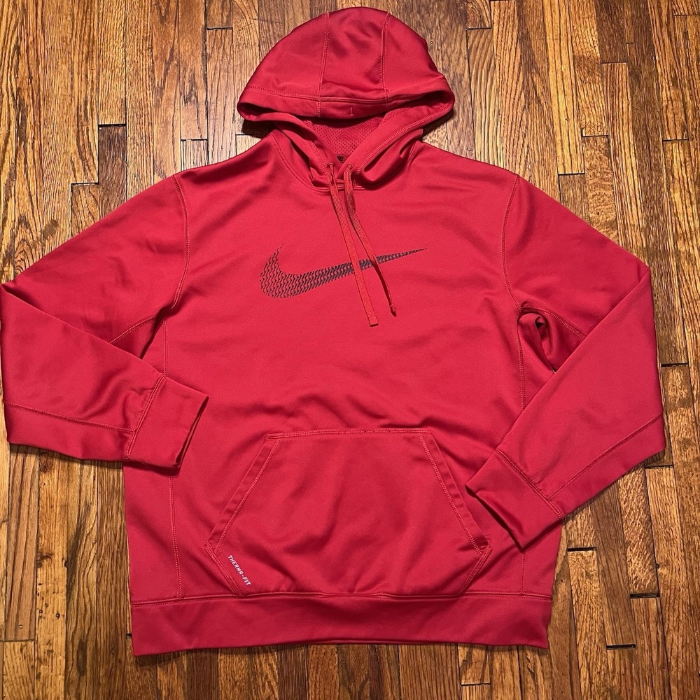 Nike Therma-FIT Men's Red Pullover Training Hoodie Black Swoosh Size Large